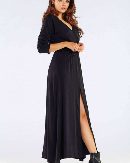 Elegant Long-Sleeve Maxi Dress with Zip Closure