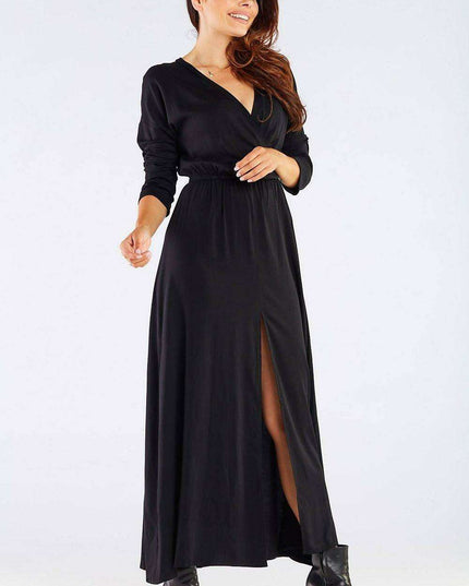 Elegant Long-Sleeve Maxi Dress with Zip Closure
