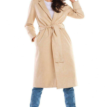 Chic Suede Women's Trench Coat with Adjustable Waist Tie