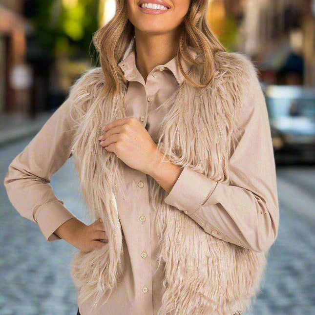 Beige Faux Fur Vest with Hook-and-Eye Fastening - Luxuriously Lined