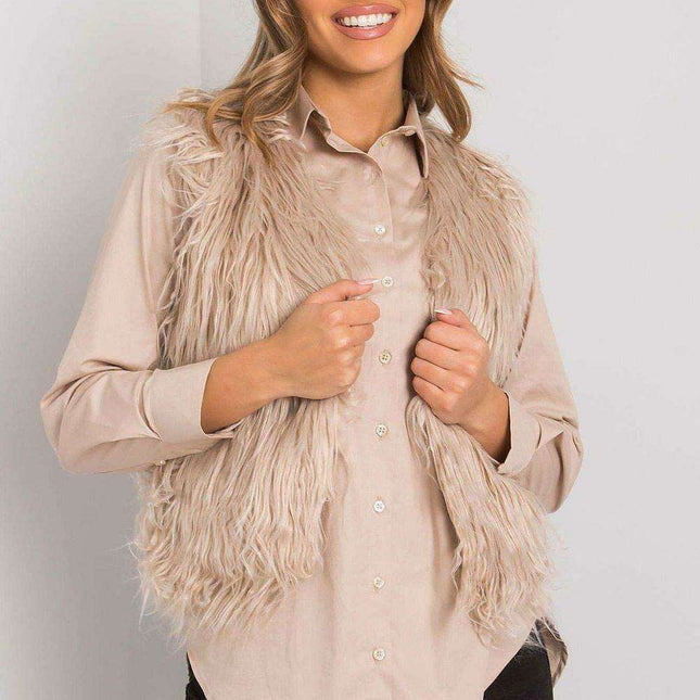 Beige Faux Fur Vest with Hook-and-Eye Fastening - Luxuriously Lined