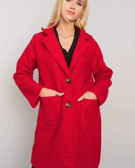 Chic Red Bouclé Coat with Stylish Button Details