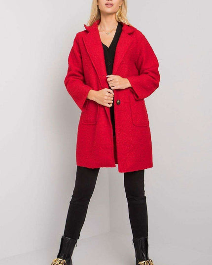 Chic Red Bouclé Coat with Stylish Button Details