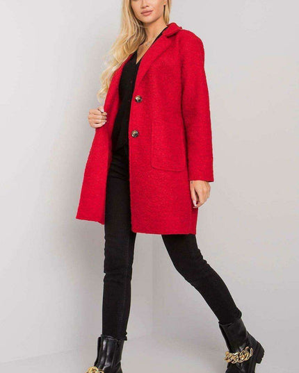 Chic Red Bouclé Coat with Stylish Button Details