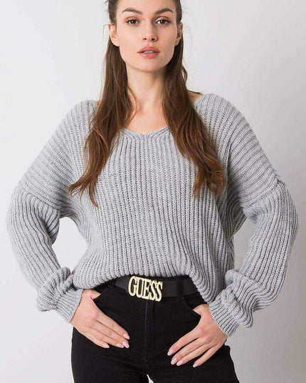 Stylish Grey Acrylic Knit Sweater with Distinctive Back Neckline