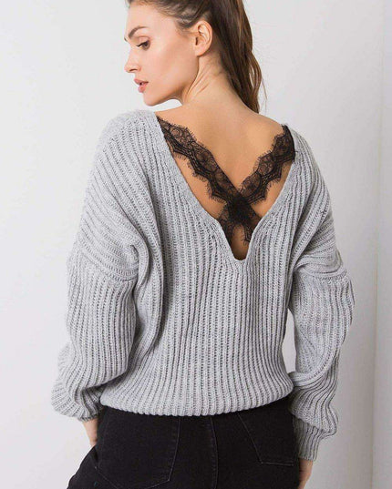 Stylish Grey Acrylic Knit Sweater with Distinctive Back Neckline