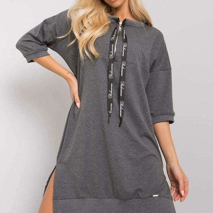 Elegant Black Cotton Zip Dress with Modern Slit Details