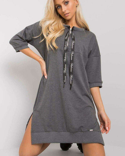 Elegant Black Cotton Zip Dress with Modern Slit Details