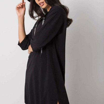 Elegant Black Cotton Zip Dress with Modern Slit Details
