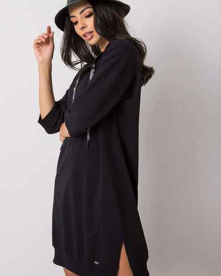 Elegant Black Cotton Zip Dress with Modern Slit Details