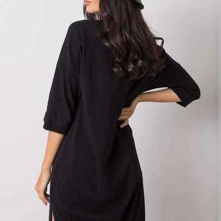 Elegant Black Cotton Zip Dress with Modern Slit Details