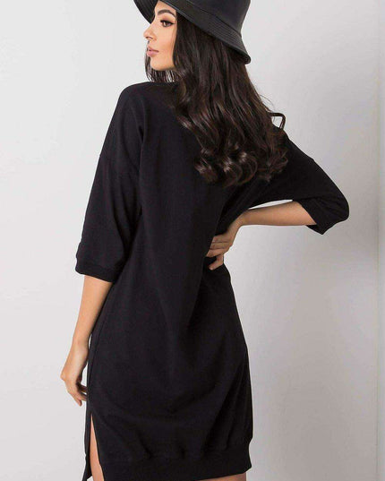 Elegant Black Cotton Zip Dress with Modern Slit Details