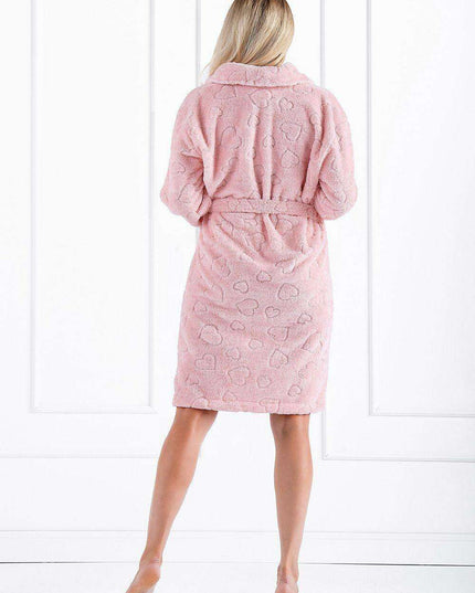 Delightful Light Pink Heart-Printed Bathrobe with Handy Pockets