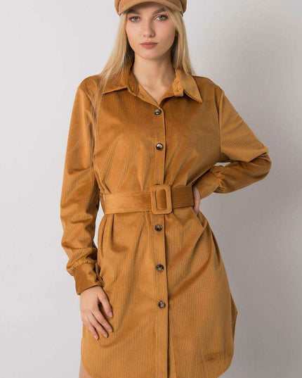 Chic Camel Button Down Dress With Belt For Everyday Daywear