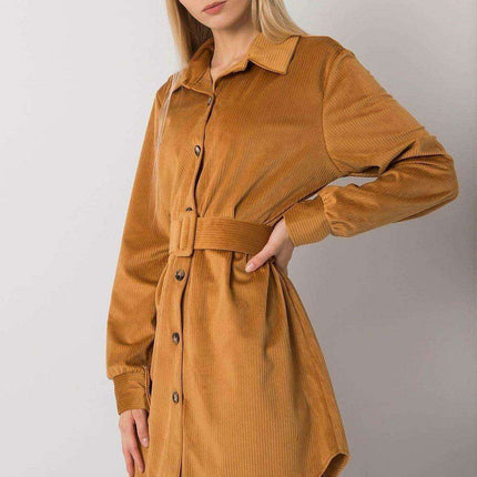 Chic Camel Button Down Dress With Belt For Everyday Daywear