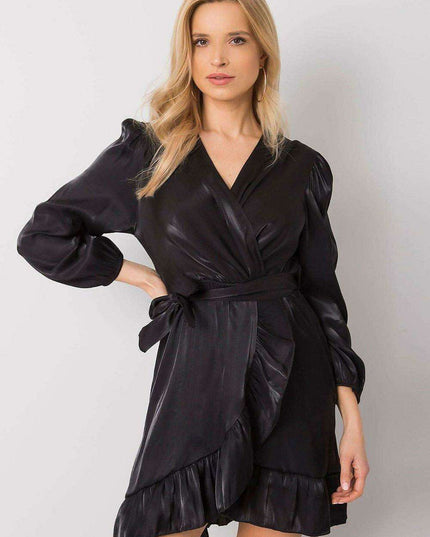 Elegant Black Frill Evening Dress With Waist Tie One Size