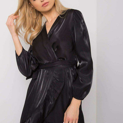 Elegant Black Frill Evening Dress With Waist Tie One Size