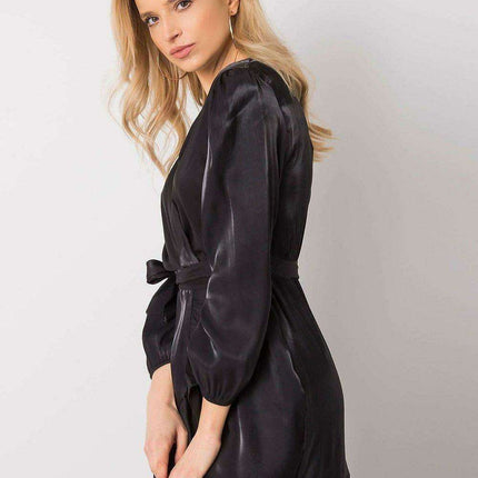 Elegant Black Frill Evening Dress With Waist Tie One Size