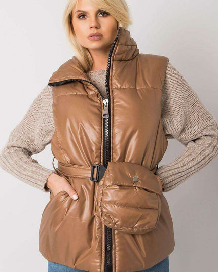 Chic Ecru Puffer Vest with Adjustable Belt and Functional Pockets