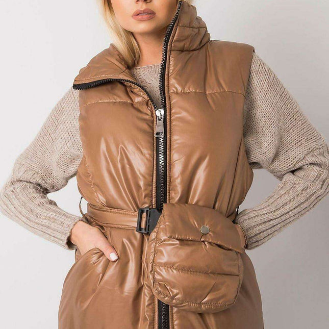 Chic Ecru Puffer Vest with Adjustable Belt and Functional Pockets