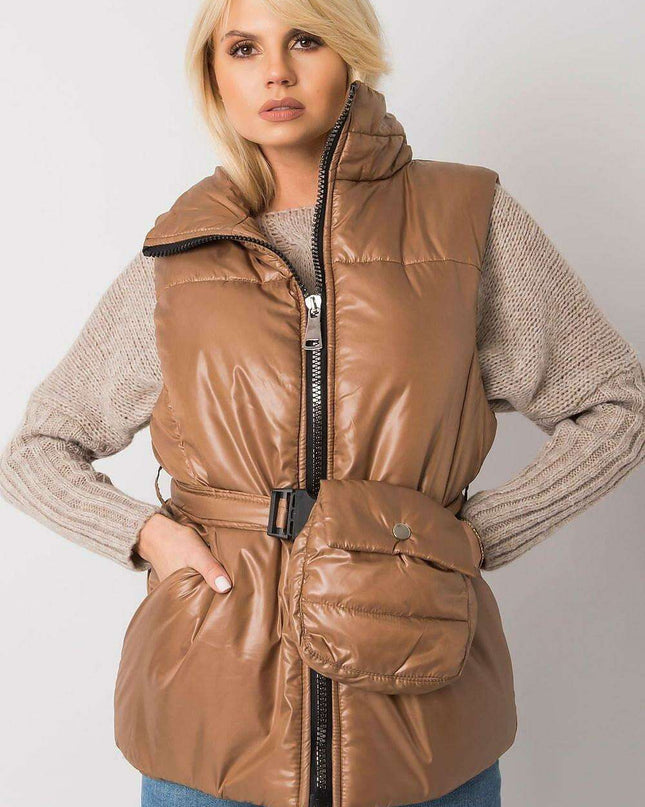 Chic Ecru Puffer Vest with Adjustable Belt and Functional Pockets
