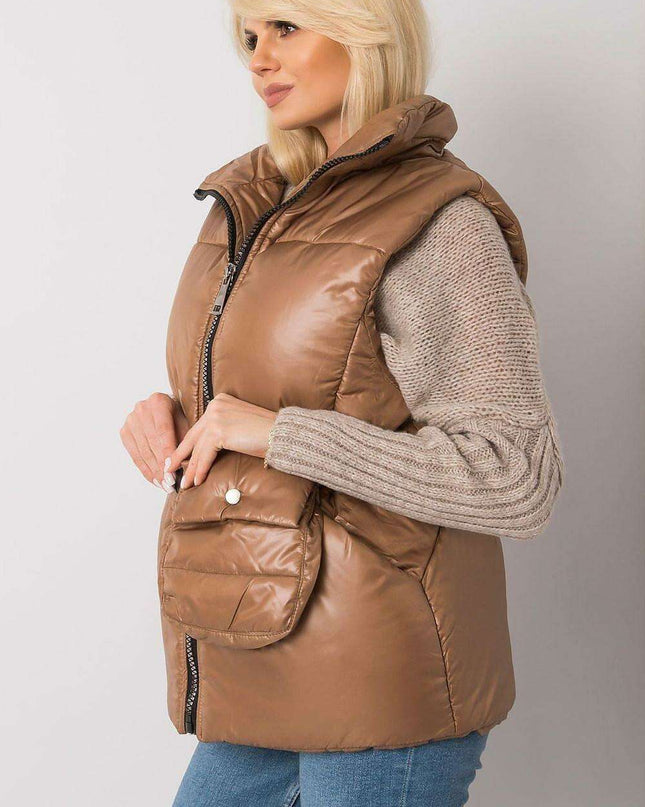 Chic Ecru Puffer Vest with Adjustable Belt and Functional Pockets