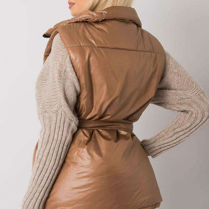 Chic Ecru Puffer Vest with Adjustable Belt and Functional Pockets