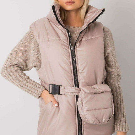 Chic Ecru Puffer Vest with Adjustable Belt and Functional Pockets