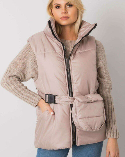 Chic Ecru Puffer Vest with Adjustable Belt and Functional Pockets