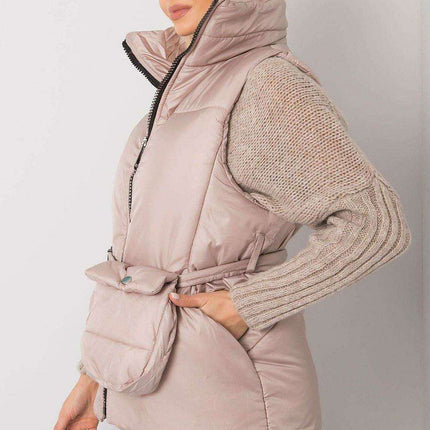 Chic Ecru Puffer Vest with Adjustable Belt and Functional Pockets
