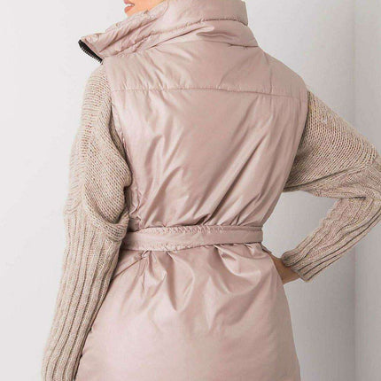 Chic Ecru Puffer Vest with Adjustable Belt and Functional Pockets