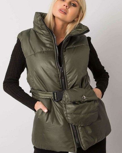 Chic Ecru Puffer Vest with Adjustable Belt and Functional Pockets