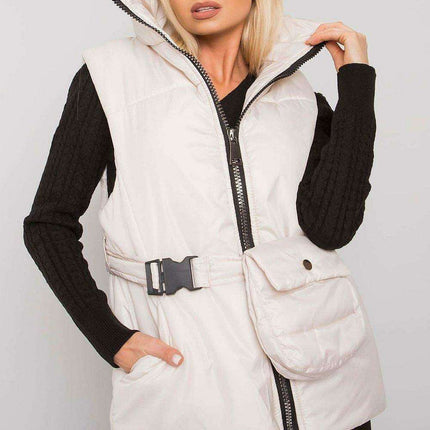 Chic Ecru Puffer Vest with Adjustable Belt and Functional Pockets