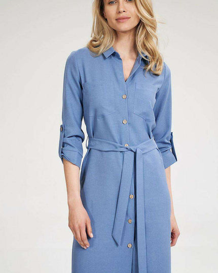 Chic 3/4 Sleeve Button-Down Shirt Dress with Functional Pockets
