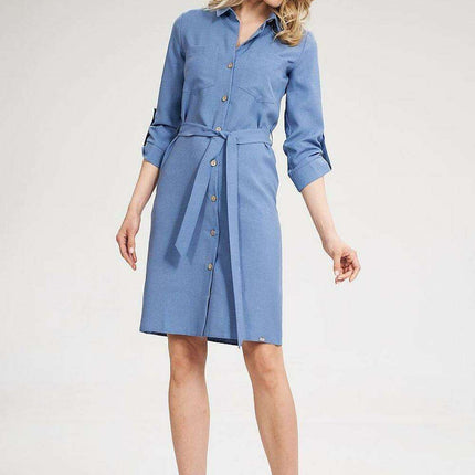 Chic 3/4 Sleeve Button-Down Shirt Dress with Functional Pockets