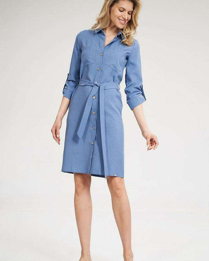 Chic 3/4 Sleeve Button-Down Shirt Dress with Functional Pockets
