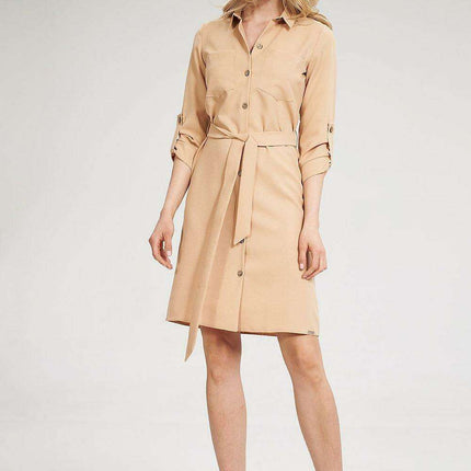 Chic 3/4 Sleeve Button-Down Shirt Dress with Functional Pockets