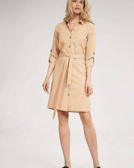 Chic 3/4 Sleeve Button-Down Shirt Dress with Functional Pockets