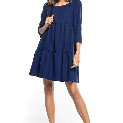 Elegant Ruffled Flare Mini Dress with Boat Neck and Three-Quarter Sleeves