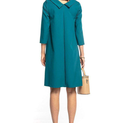 Elegant Midi Trapeze Dress with Folded Collar and 3/4 Sleeves