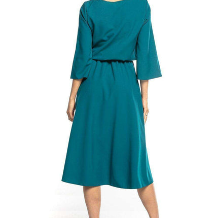 Elegant Asymmetric Midi Dress with Belted Waist and 3/4 Sleeves