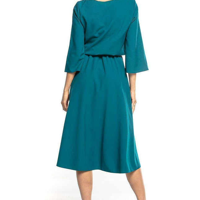 Elegant Asymmetric Midi Dress with Belted Waist and 3/4 Sleeves