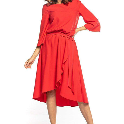 Elegant Asymmetrical Midi Dress with Belted Waist and 3/4 Sleeves