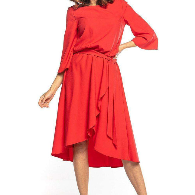 Elegant Asymmetrical Midi Dress with Belted Waist and 3/4 Sleeves