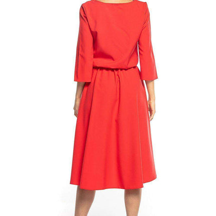 Elegant Asymmetrical Midi Dress with Belted Waist and 3/4 Sleeves