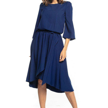 Chic Asymmetrical Midi Dress with Elastic Waist and Accompanying Belt