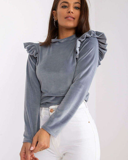 Velvet Vibe Blouse With Chic Frills And Button Accents