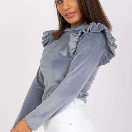Velvet Vibe Blouse With Chic Frills And Button Accents