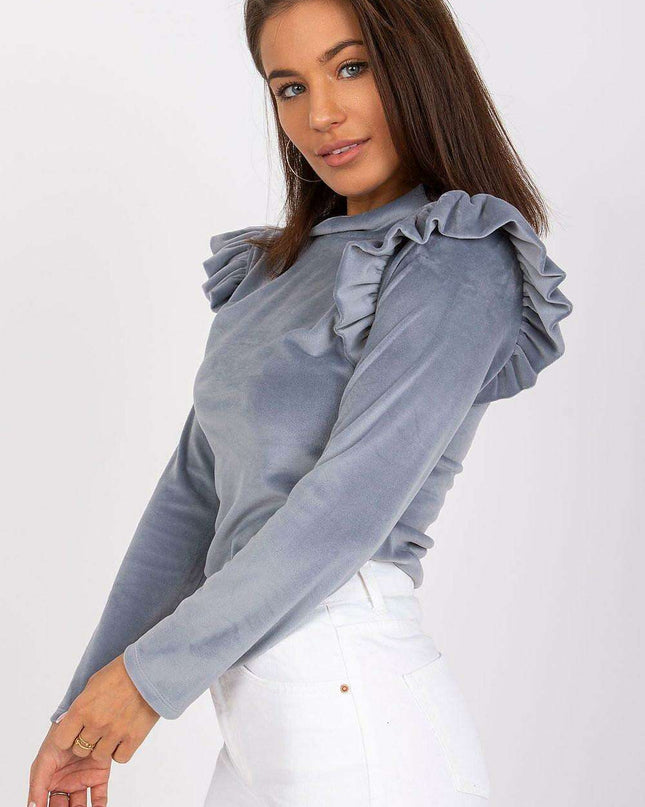 Velvet Vibe Blouse With Chic Frills And Button Accents