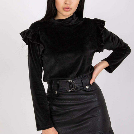 Velvet Vibe Blouse With Chic Frills And Button Accents